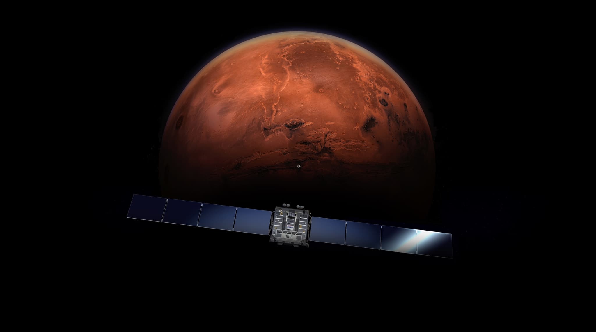 A Relativity Space computer render of the company's proposed Mars orbiter, a compact boxy bus carrying two long multi-panel solar wings, coasting in front of a fully lit Mars.