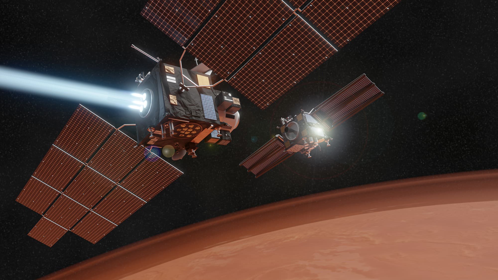ESA's artist's impression of LightShip, released 21 January 2025, showing the electric propulsion tug over Mars with two large solar wings and three blue ion plumes, and a smaller passenger spacecraft that has just separated flying alongside it.