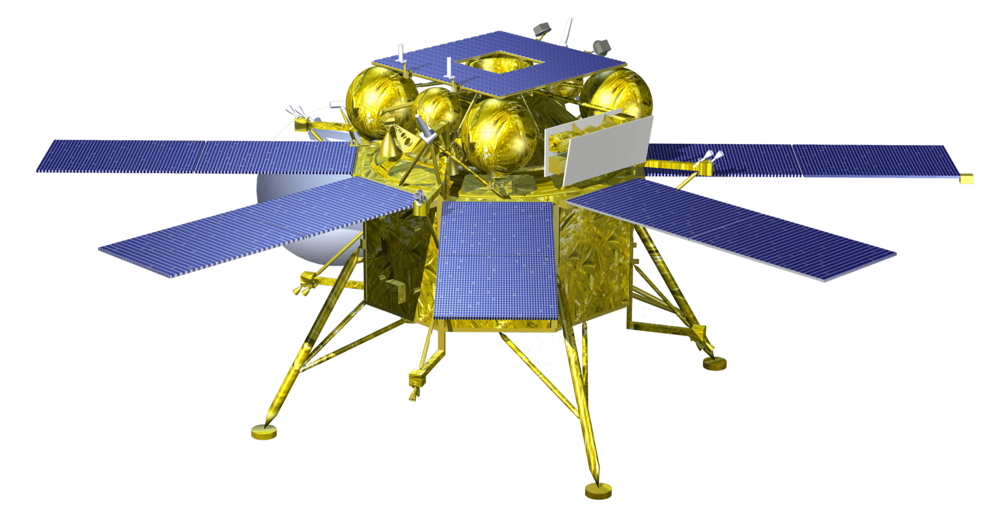 NPO Lavochkin's own computer rendering of the Boomerang spacecraft, published on its project page for КА «Бумеранг», ОКР «Экспедиция-М»: a transfer and landing platform on four legs with dished footpads, four solar wings, gold-blanketed spherical tanks and the return stack on top. The same page lists the launch as after 2030, the launcher as Angara-A5 and the mass as 5000 kg.