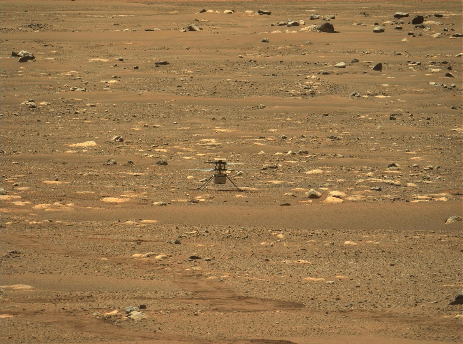 PIA24550, a Mastcam-Z mosaic taken on 19 April 2021 after Ingenuity's first flight, showing the helicopter standing on its four legs on the floor of Jezero crater at Wright Brothers Field, with rover wheel tracks crossing the foreground.