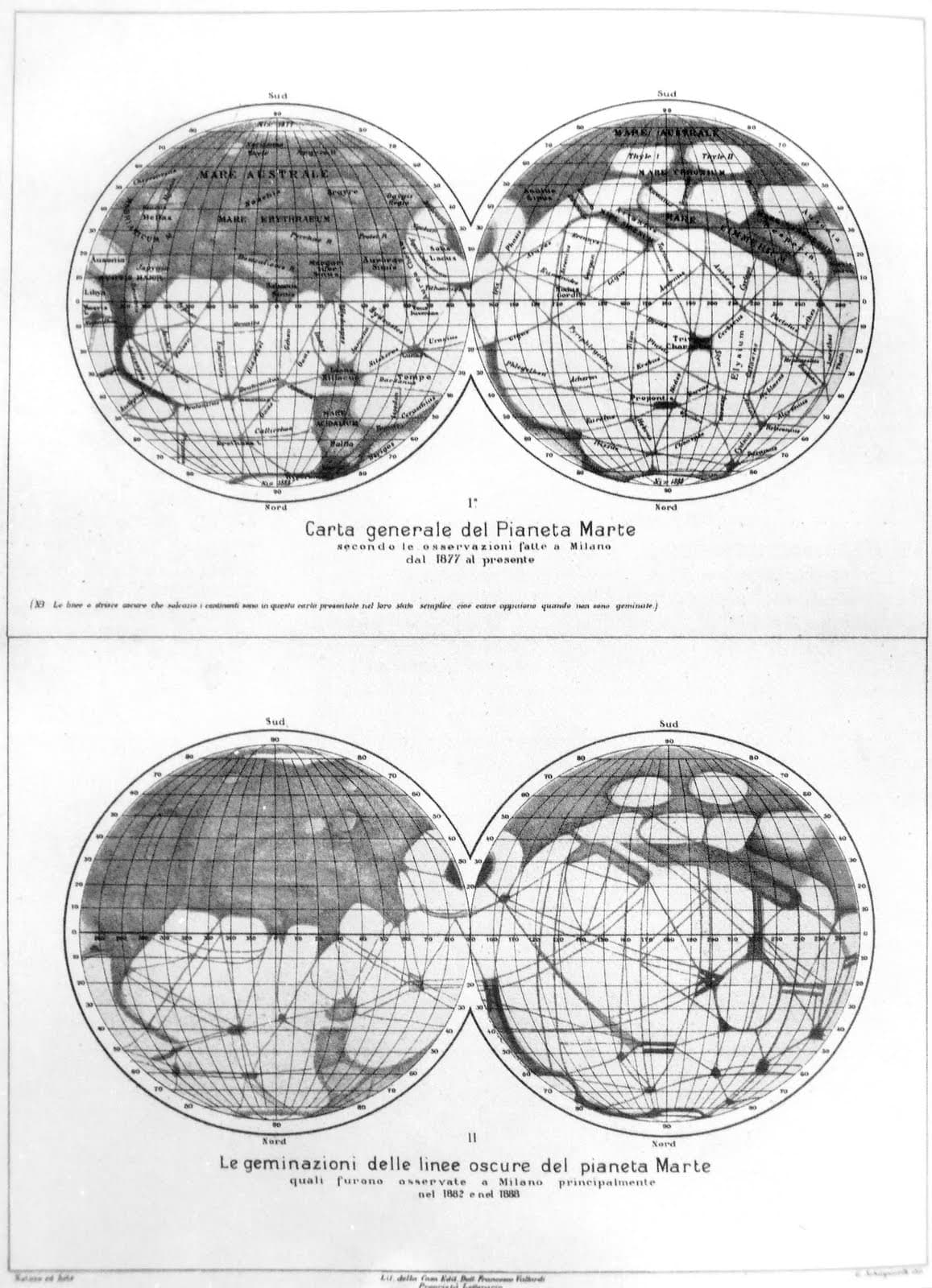 A lithographed plate carrying two of Schiaparelli's own Mars maps, drawn by eye at the 8.6-inch Merz refractor on the roof of the Brera Palace in Milan. The upper pair of hemispheres is titled "Carta generale del Pianeta Marte secondo le osservazioni fatte a Milano dal 1877 al presente", and a printed note beneath it says the dark lines that furrow the continents are shown here in their simple state, that is, as they appear when they are not geminated. The lower pair is titled "Le geminazioni delle linee oscure del pianeta Marte quali furono osservate a Milano principalmente nel 1882 e nel 1888", and shows those same lines drawn as pairs of parallel tracks. Names Schiaparelli invented in 1877 are printed across both: Syrtis Major, Hellas, Elysium, Solis Lacus, Margaritifer Sinus, Mare Erythraeum, Mare Cimmerium, Libya, Ausonia, Arabia and Eden are all still the official names of those places.