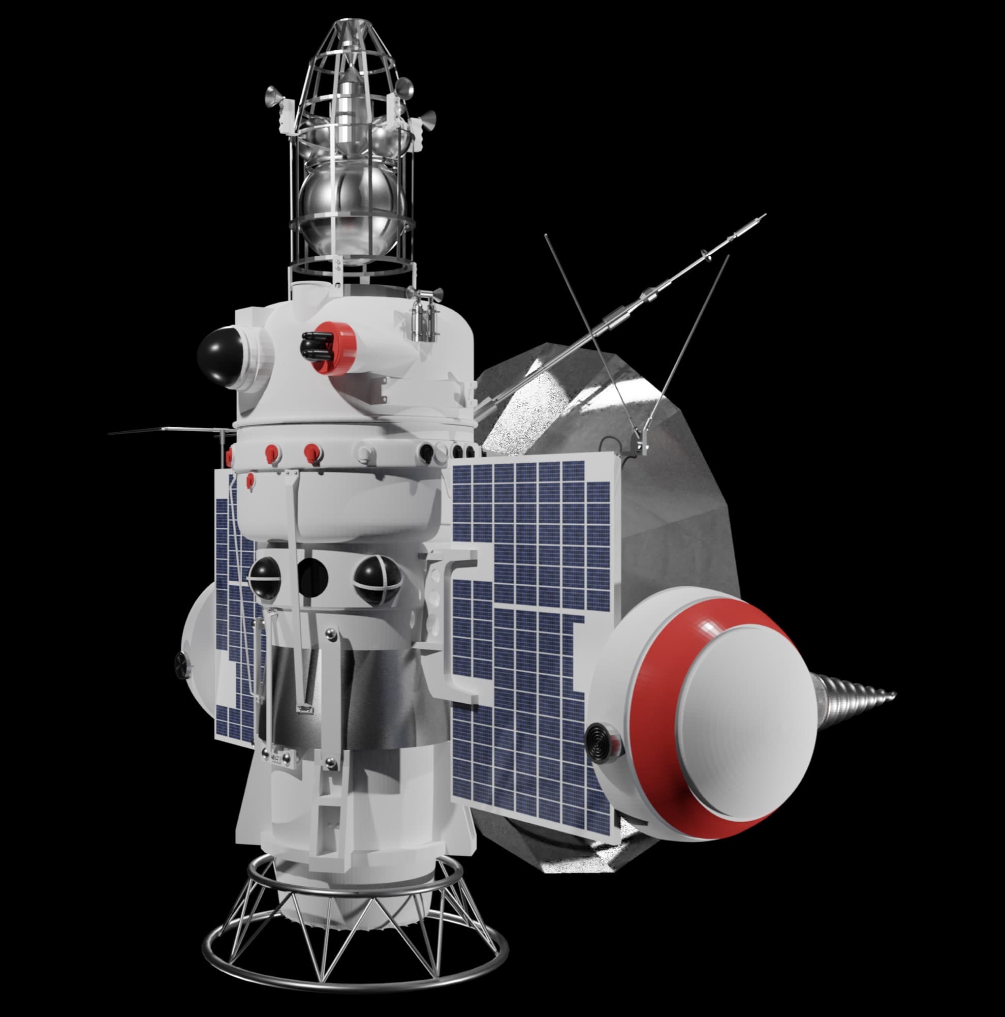 A NASA three dimensional computer rendering of the Mars 1 spacecraft, a 2MV-4, showing the two solar panels, the umbrella ribbed high gain antenna, the red and white hemispherical thermal radiators, the magnetometer boom and the spherical pennant in its lattice cage on top. The image is a modelled render: the file carries the Blender project name of the NASA intern who built it.