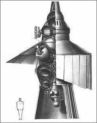 A Soviet half cutaway drawing of the 5NM Mars sample return vehicle sized for a single N1 launch, the petals of the deployable aerodynamic shield folded back along the body, spherical propellant tanks stacked inside the landing stage, the ascent rocket and the small return capsule at the top and a standing human figure drawn at the lower left for scale.