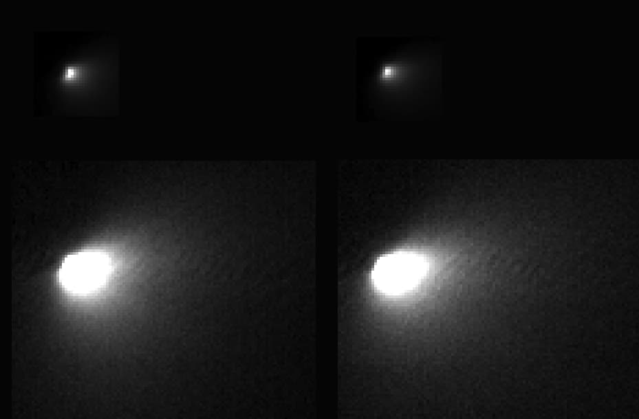 A composite of two of the best HiRISE frames of comet C/2013 A1 Siding Spring, taken from Mars Reconnaissance Orbiter on 19 October 2014 at the minimum distance of 138,000 km and a scale of 138 metres per pixel. The top row shows the full dynamic range, with the nucleus and the bright inner coma; the bottom row is stretched to bring out the fainter outer coma and saturates the middle. Only two to three pixels cross the brightest feature, which implies a nucleus smaller than 0.5 km.