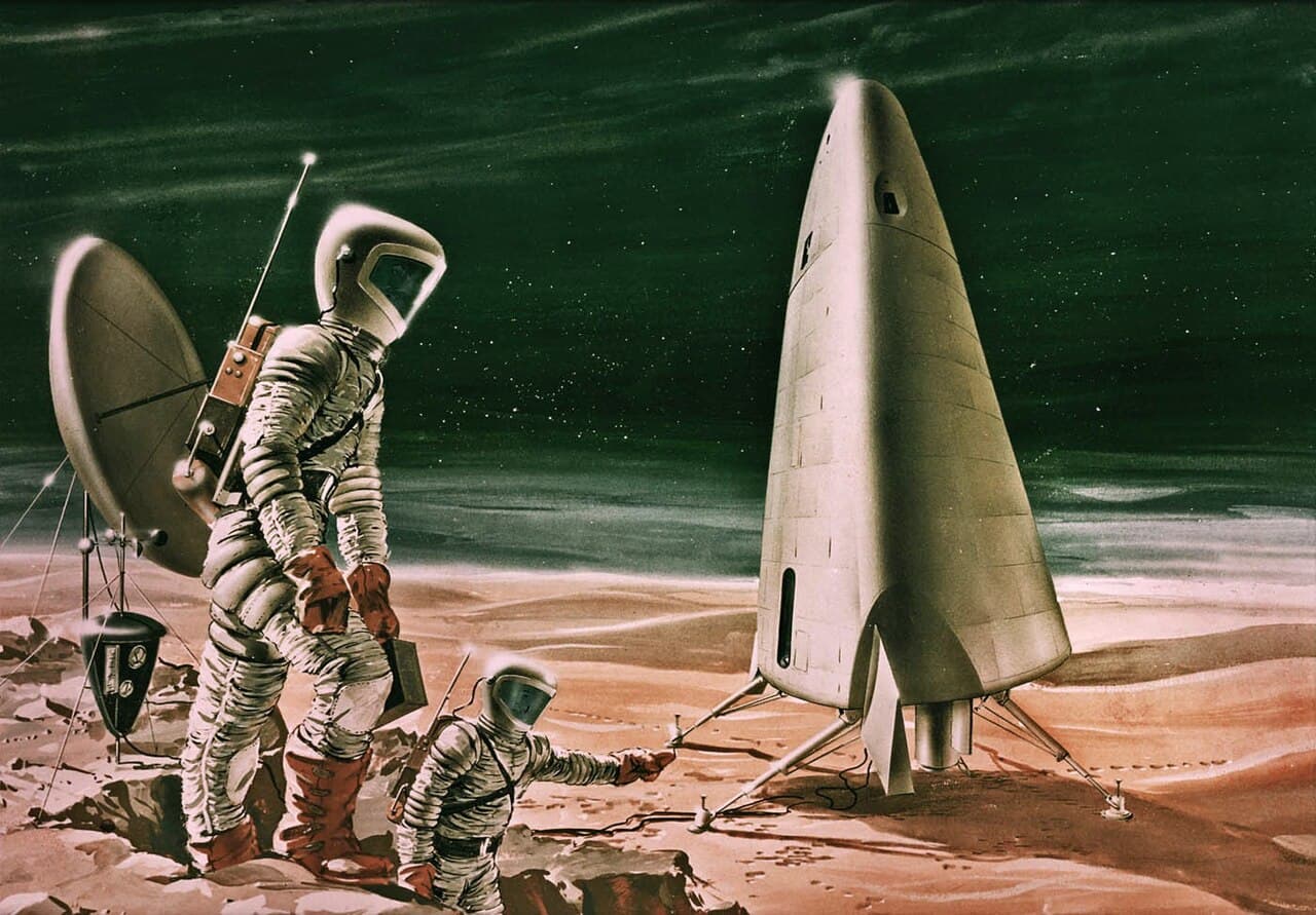 The Aeronutronic artist's concept of Mars Excursion Module surface operations, which is Figure 9 of Dixon's 1964 summary presentation. The tail-landing D9-1 vehicle stands on four legs with its winglets at the base, the crew windows uncovered and the airlock cylinder extended beneath it, while two of the three crew work outside beside a portable meteorological station and the 10 foot communications dish on its tripod.