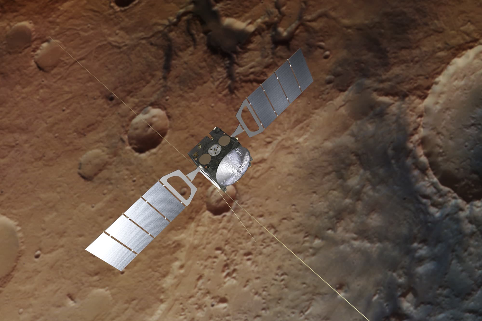 An artist's impression of Mars Express over Mars, composited by ESA onto a real High Resolution Stereo Camera image of the planet taken by the spacecraft itself.