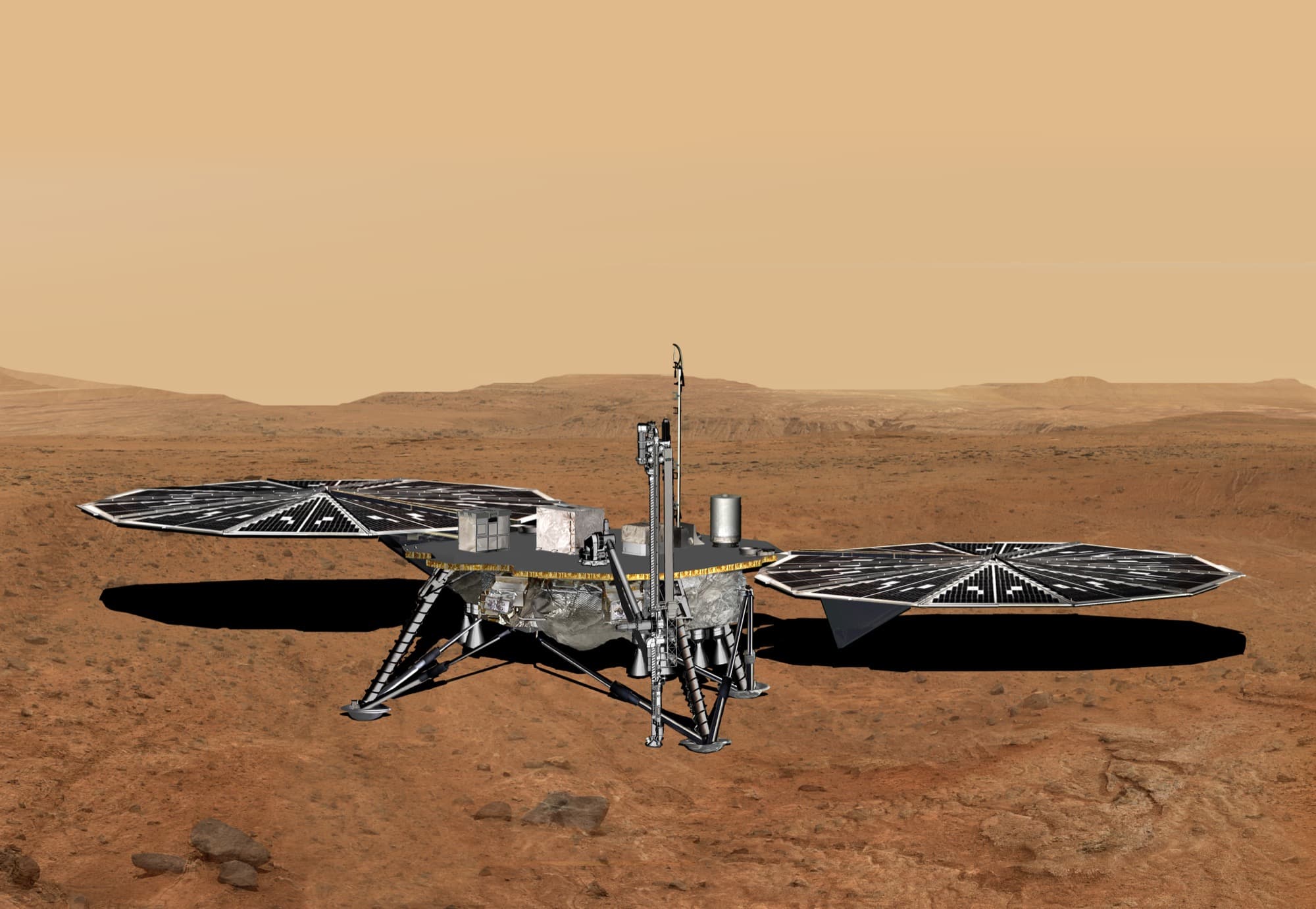 An artist's concept of the Mars Life Explorer standing on rocky ground under a pale orange sky: a lander in the Phoenix and InSight mould, with two circular fan-fold solar arrays spread either side, instrument boxes on the deck, and a tall vertical drill mast reaching down to the surface beside the leg. The Planetary Society captions it as the Mars Life Explorer operating on the surface with its drill deployed. Nothing has been built.