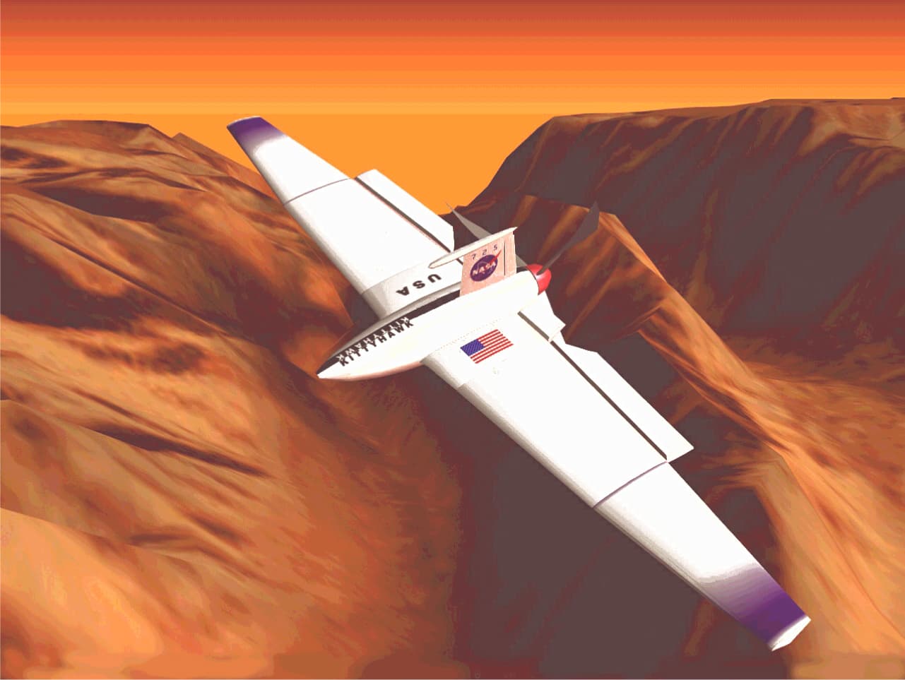 The rendered image released with the 20 July 1998 MAGE proposal announcement, showing the aircraft named Kitty Hawk banking above the canyons of Valles Marineris under an orange sky: a white swept-wing aeroplane with a rear-mounted pusher propeller behind a red spinner, twin canted tail surfaces, purple wingtips, the NASA insignia on the fin, USA and a United States flag on the wing, and KITTYHAWK lettered along the nose. The MSSS release calls it a simulated image.