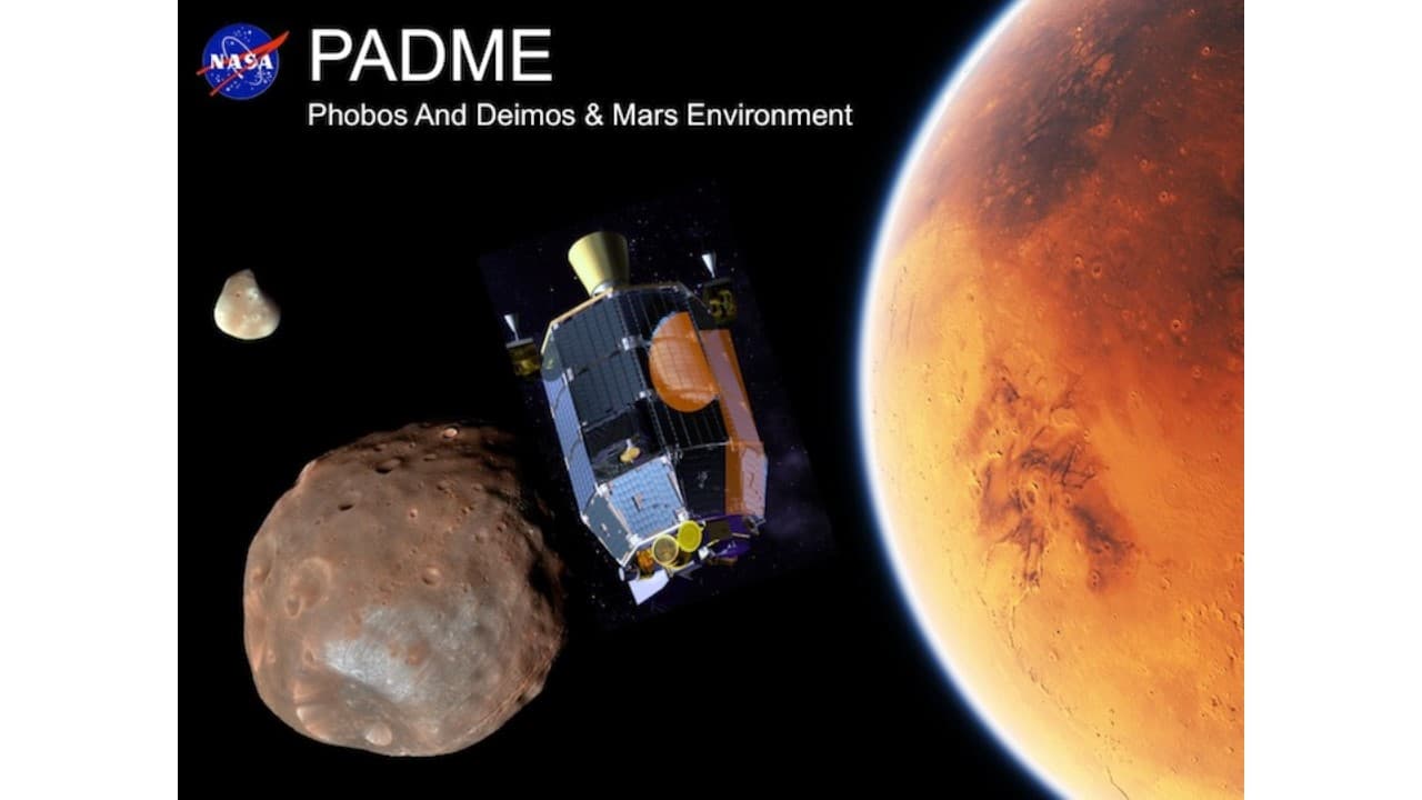 The title graphic from the PADME proposal, headed with the NASA insignia, PADME, and Phobos And Deimos & Mars Environment. A rendering of the LADEE derived spacecraft, an octagonal bus with body mounted solar panels and a high gain horn on top, is montaged between a small Deimos at the upper left, a large cratered Phobos at the lower left and a bright orange Mars filling the right hand side.