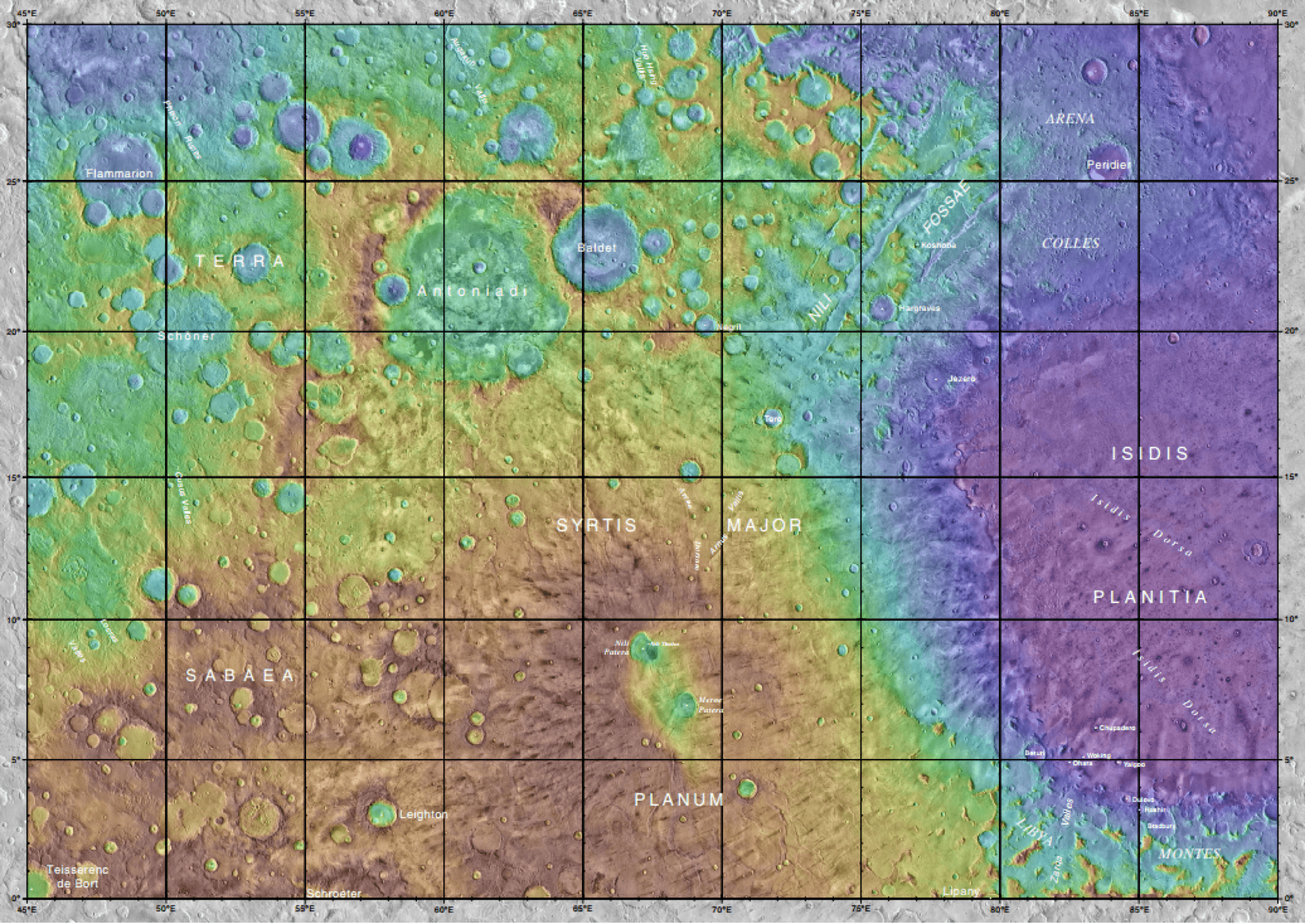 A crop of the USGS gazetteer's MC-13 Syrtis Major quadrangle sheet, THEMIS imagery tinted by MOLA elevation and overprinted with IAU-approved names only: Antoniadi, Baldet, Flammarion, Leighton, Jezero, Nili Fossae, Syrtis Major Planum, Isidis Planitia, Terra Sabaea, Arena Colles, Libya Montes, and in the lower right the small craters Bradbury, Woking, Yalgoo, Chupadero, Ohara, Beruri, Dubois and Nashir.