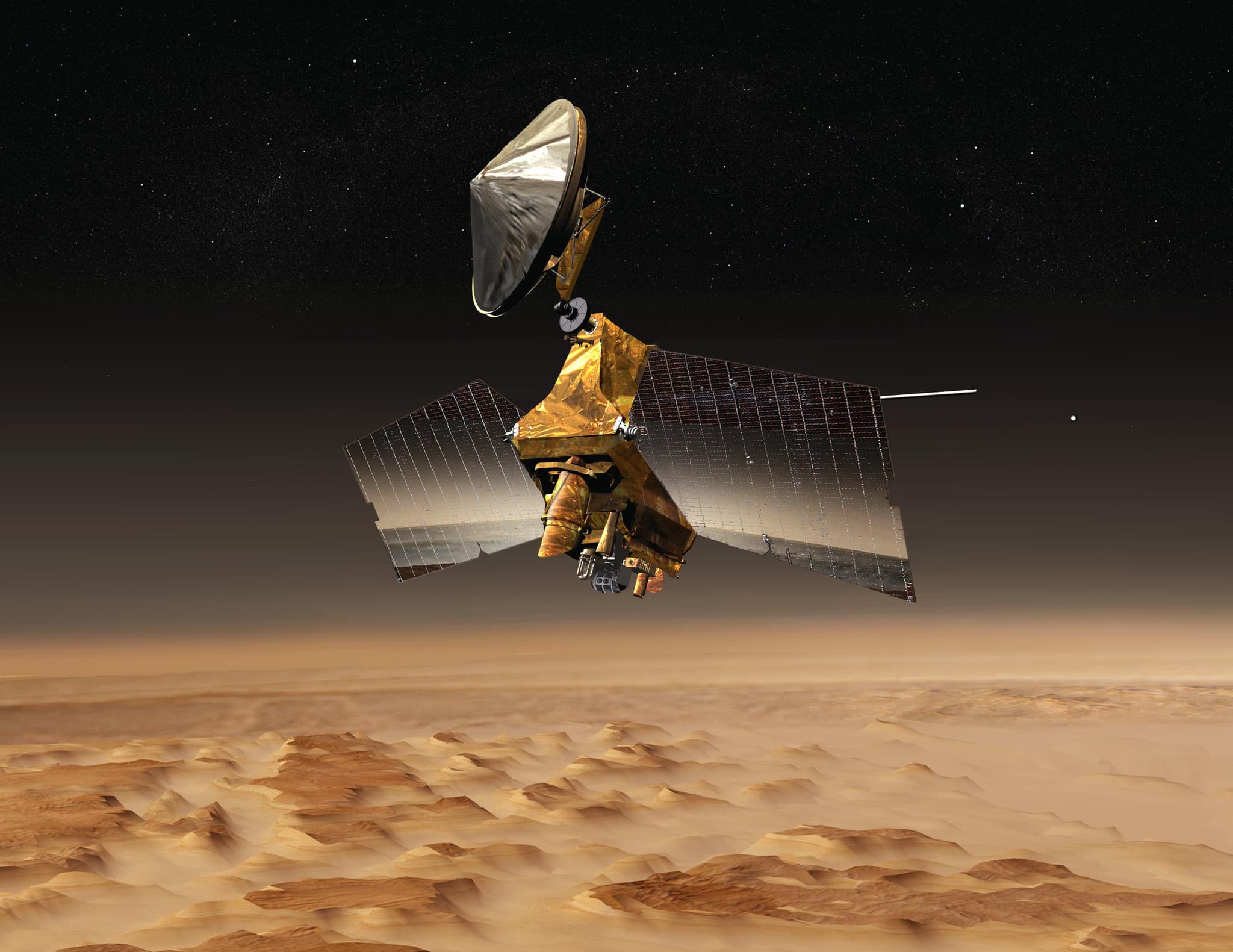 An artist's concept of Mars Reconnaissance Orbiter over the Nilosyrtis region with its high-gain antenna, twin solar arrays and instrument deck facing the surface.