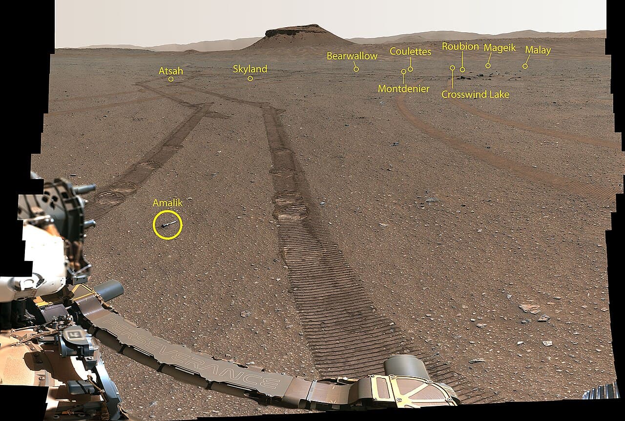 Perseverance's Mastcam-Z panorama of the finished sample depot at Three Forks in Jezero crater, taken on 31 January 2023 and stitched from 368 frames. The titanium sample tubes laid out on the ground are each about 18 cm long and 2 cm across.