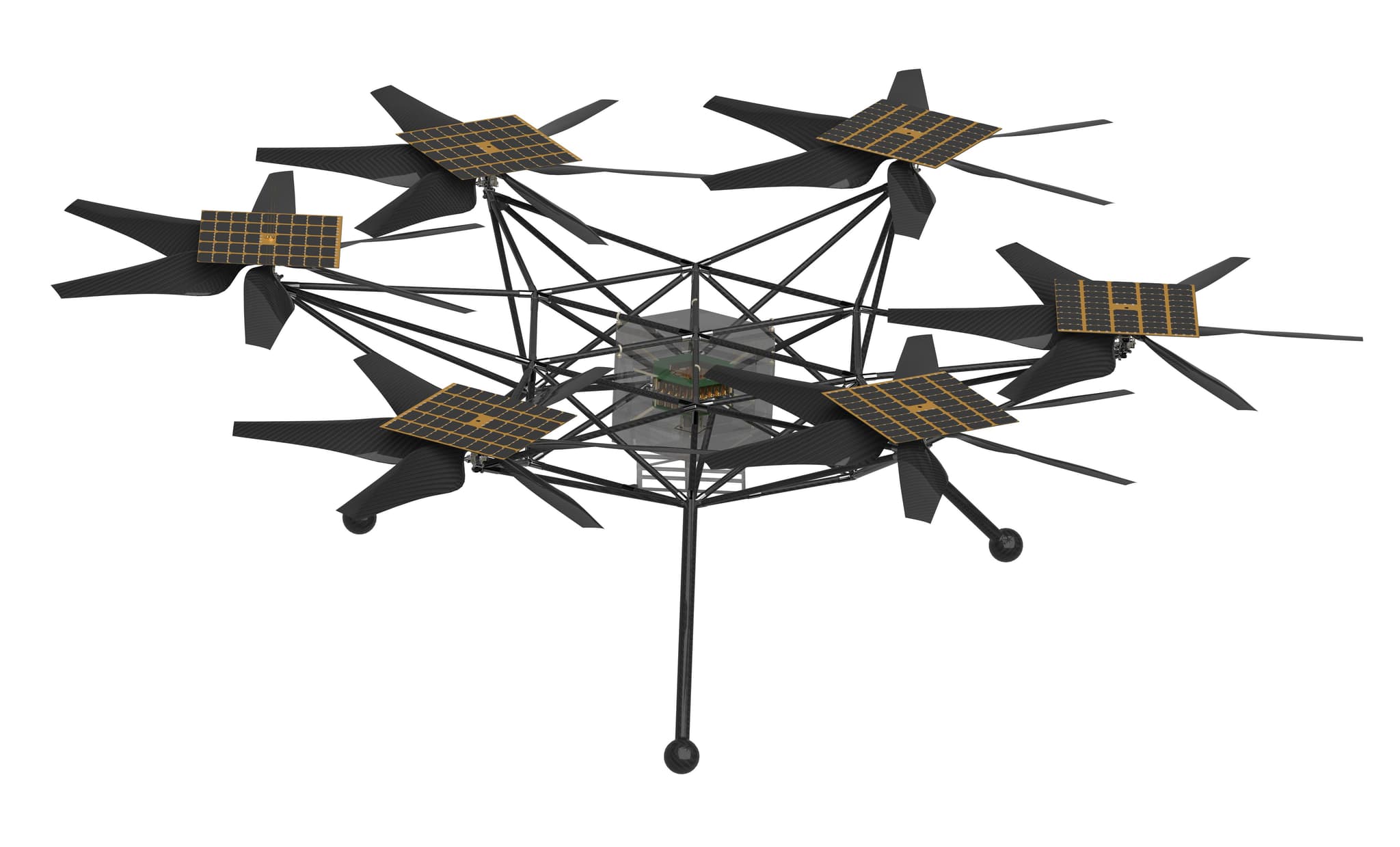 The Mars Chopper concept in a design software rendering on a plain white background: six rotor hubs, each carrying six black carbon-fibre blades, held out on a trussed carbon frame, with a small gold solar panel above every hub, a transparent central payload box holding a green circuit board, and slender legs ending in ball feet. NASA's caption states that Chopper would be about the size of an SUV and that it remains in early conceptual and design stages, a collaboration between JPL, NASA Ames and AeroVironment Inc.