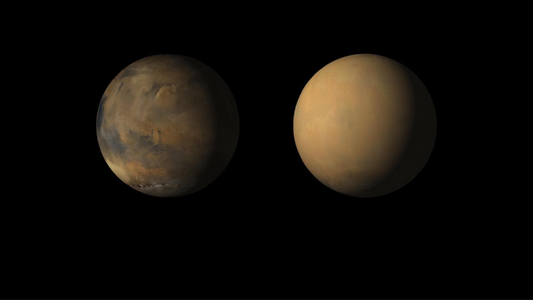 Two global views of Mars built from Mars Color Imager swaths taken by Mars Reconnaissance Orbiter, released by NASA on 19 July 2018. The May 2018 view shows the Valles Marineris chasms toward the left of the disc, Meridiani near the centre, an autumn dust storm over Acidalia at the top and the early spring south polar cap at the bottom. The July 2018 view covers the same face of the planet with almost every surface marking hidden under the planet-encircling dust cloud and haze. This is the eighth confirmed planet-encircling event and the one that ended the Opportunity mission.