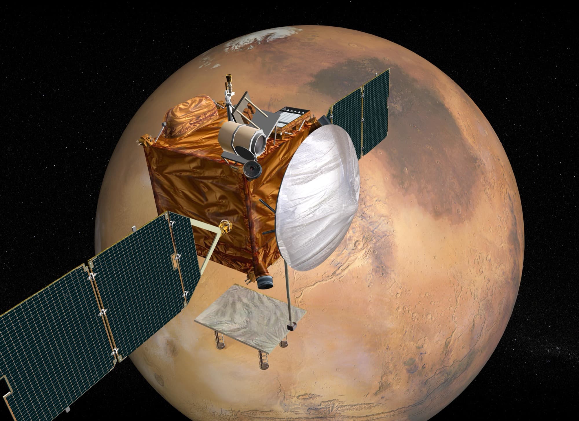 The JPL artist's concept released on 29 March 2005 as PIA07500, titled Mars Telecommunications Orbiter, Artist's Concept, showing the spacecraft in front of Mars with a gold-blanketed bus, a large white high-gain dish, two long solar wings, a cylindrical optical terminal assembly on top and a flat radiator panel below.