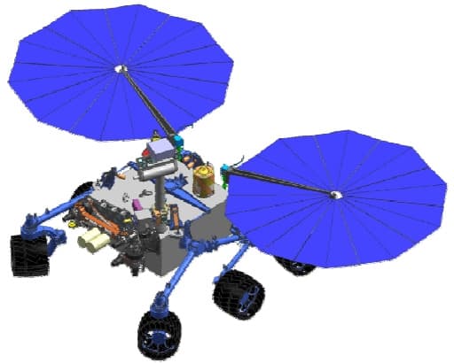 A computer-aided design depiction of the proposed Mars Astrobiology Explorer-Cacher, taken from the MEPAG presentation of MAX-C to the planetary decadal survey dated 10 September 2009. The rover is shown with a camera head on a short mast, a jointed instrument arm folded at the left, a cluttered equipment deck and two large circular fan-shaped solar arrays carried out on booms, the solar power that confined the mission to latitudes between 25 degrees north and 15 degrees south.