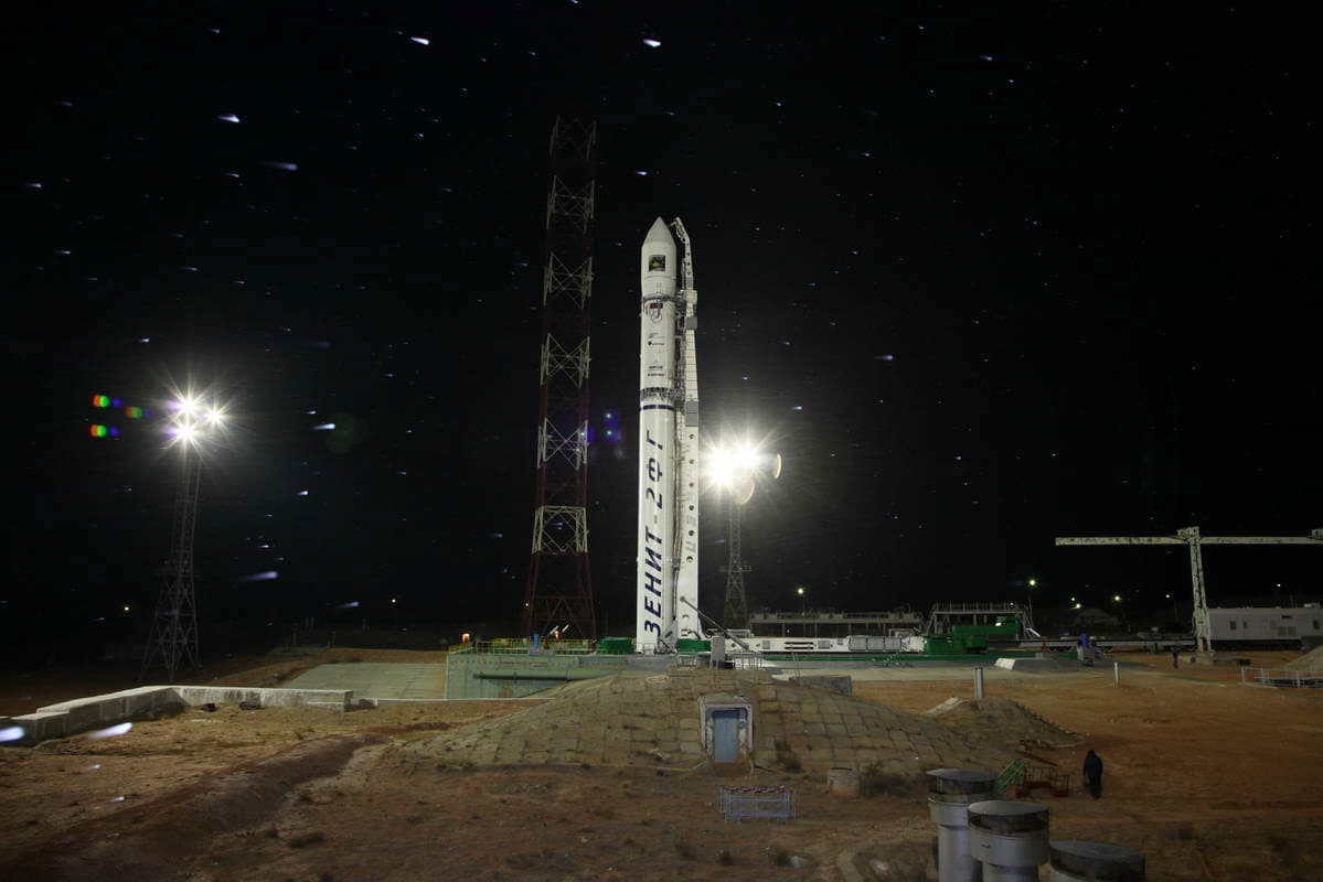 The Zenit-2SB rocket carrying Phobos-Grunt standing floodlit on the pad at Site 45, Baikonur, on the night of the launch, 8 to 9 November 2011.