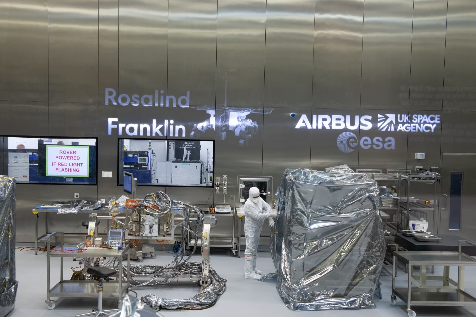 The ExoMars rover under construction in the bio-burden controlled cleanroom at Airbus Defence and Space in Stevenage, photographed in February 2019, the month the rover was named after Rosalind Franklin.