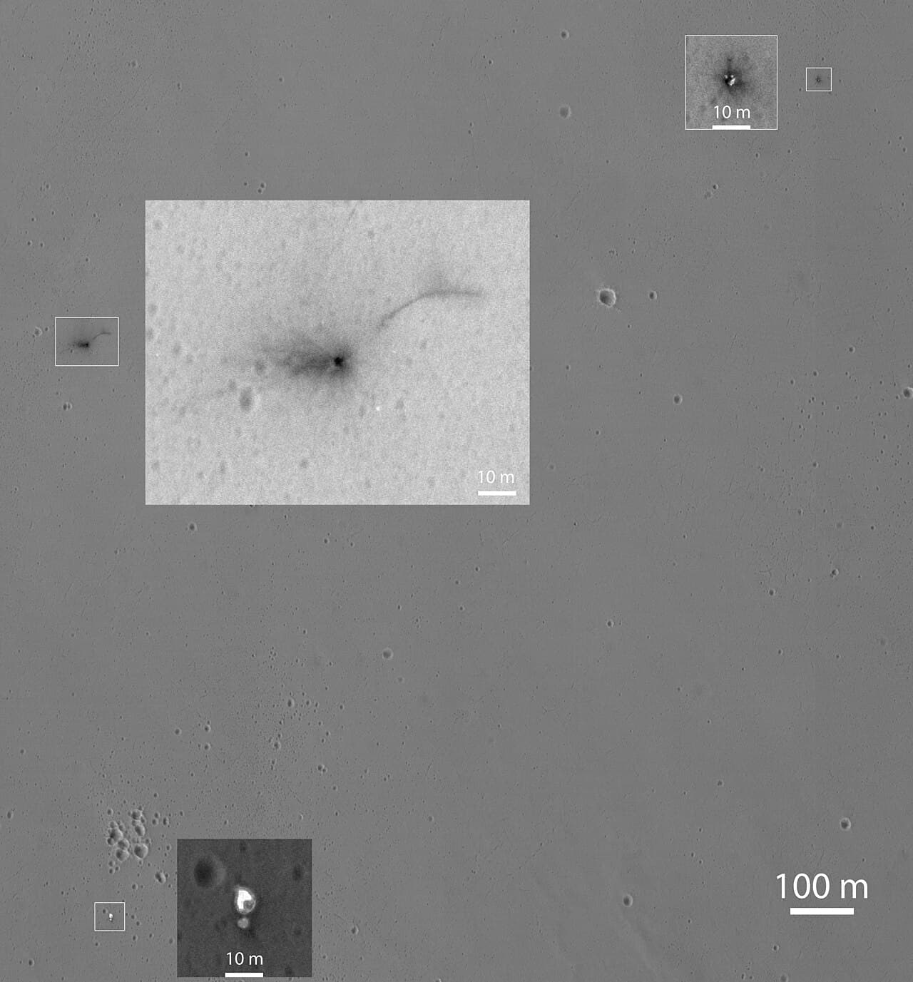 HiRISE view taken on 25 October 2016, six days after the crash, of the ground in Meridiani Planum where Schiaparelli came down, with magnified insets of three places where parts of the spacecraft reached the surface: the lander module's dark impact scar, the parachute with the back shell, and the front heat shield.