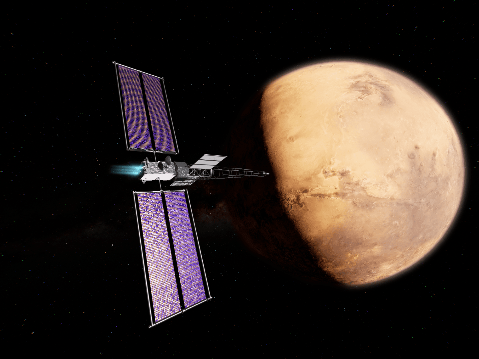 NASA's artist's concept of Space Reactor-1 Freedom passing Mars, showing the two large solar wings of the Gateway Power and Propulsion Element, a long truss boom carrying the reactor and its radiators, and the blue plume of an electric thruster firing.