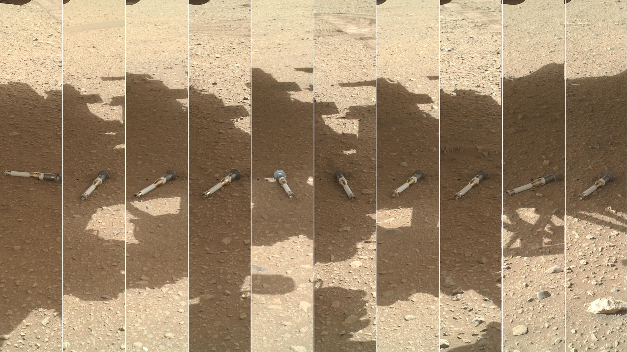 PIA25738, a photomontage of ten WATSON images, each showing one sealed titanium sample tube lying on the Martian surface shortly after Perseverance set it down at Three Forks between 21 December 2022 and 28 January 2023. From the left: Malay, Mageik, Crosswind Lake, Roubion, Coulettes, Montdenier, Bearwallow, Skyland, Atsah and Amalik.