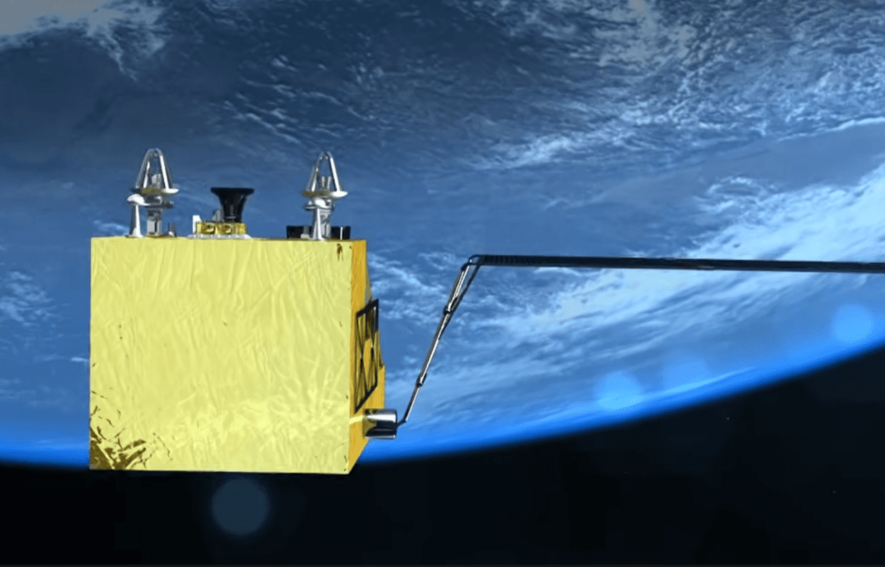 Rendering issued by China News Service in December 2025 of the Tianwen-3 orbiter and return module combination, labelled in the original Chinese caption as a simulation image (天问三号探测器轨返组合体模拟图). China News Service issued the rendering rather than a photograph of hardware.