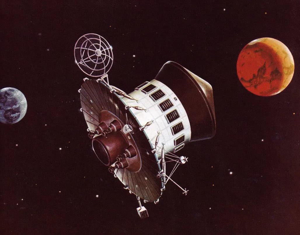 A 1967 NASA artist's painting of a Voyager spacecraft in flight, showing the cylindrical bus with its rectangular thermal control louvres, the ring-shaped body-mounted solar array, the skeletal high-gain antenna dish, the main engine nozzle and the landing capsule sealed under a dark conical heat shield, with Mars at the right of the frame and Earth at the left.