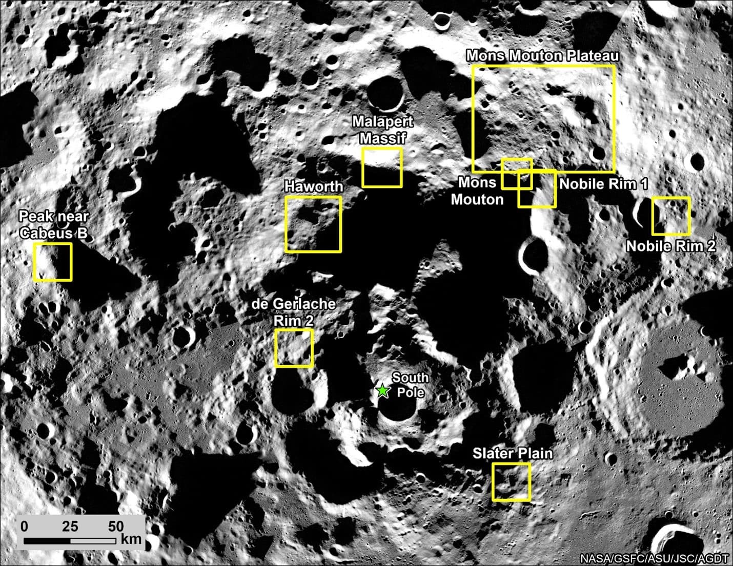 Map of nine candidate landing regions near the lunar south pole