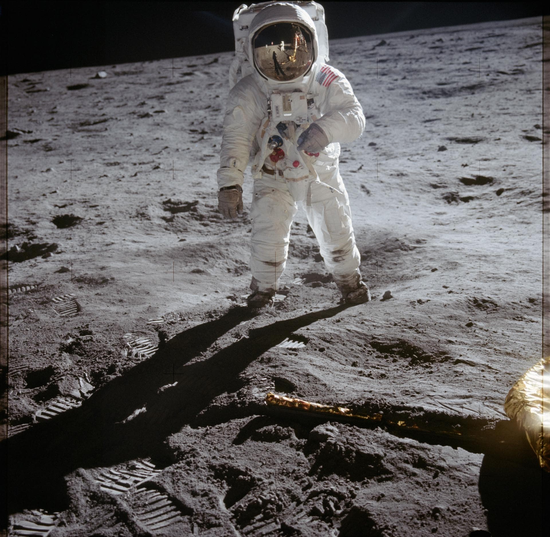 Buzz Aldrin at Tranquility Base, photographed by Neil Armstrong, who appears only as the reflection in the visor