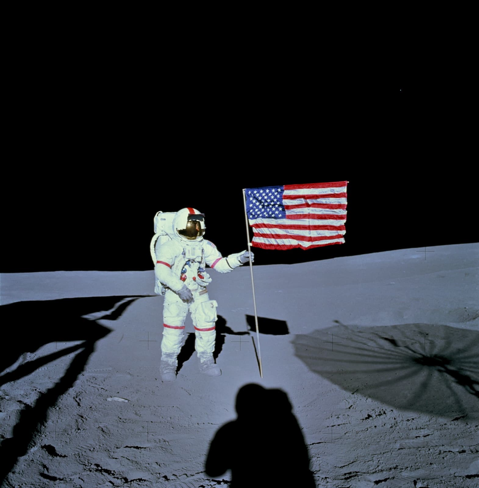 Shepard by the flag at Fra Mauro (AS14-66-9232, 5 Feb 1971)