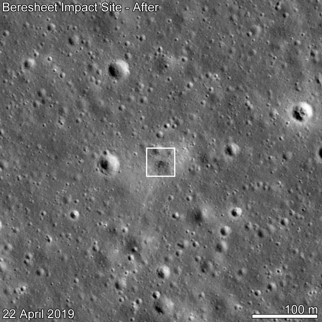 Beresheet's impact scar on Mare Serenitatis, imaged by NASA's LRO on 22 April 2019