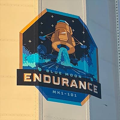 Blue Origin's Endurance mission patch for the first Blue Moon MK1 flight, debuted January 20, 2026 as the lander shipped to Houston