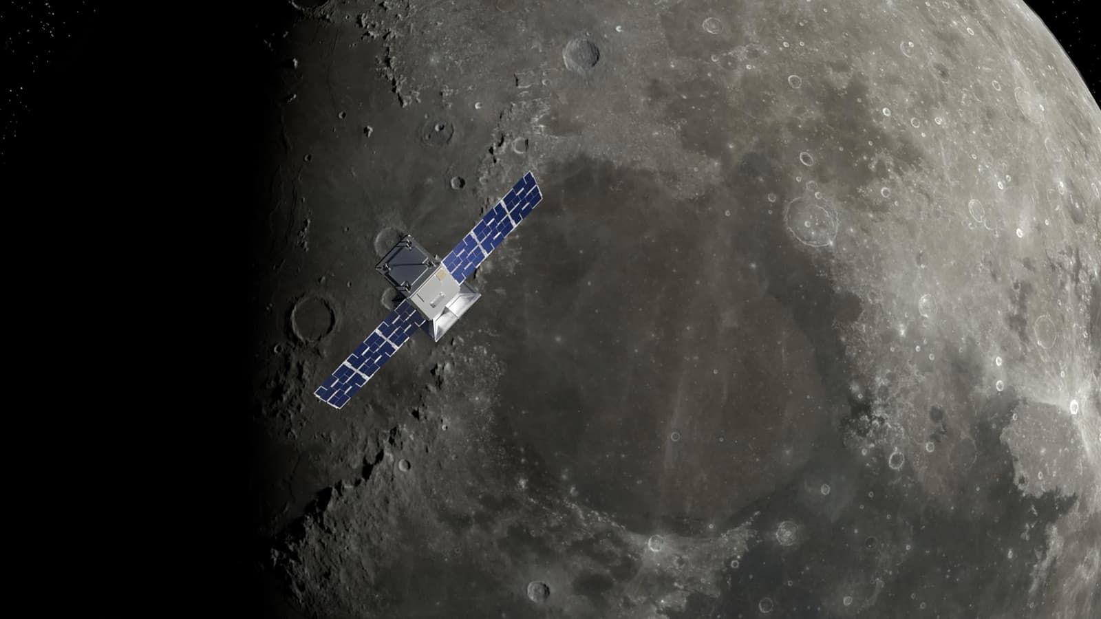 Illustration of CAPSTONE over the lunar north pole, the low point of each 6.5-day lap of the halo orbit it was sent to prove