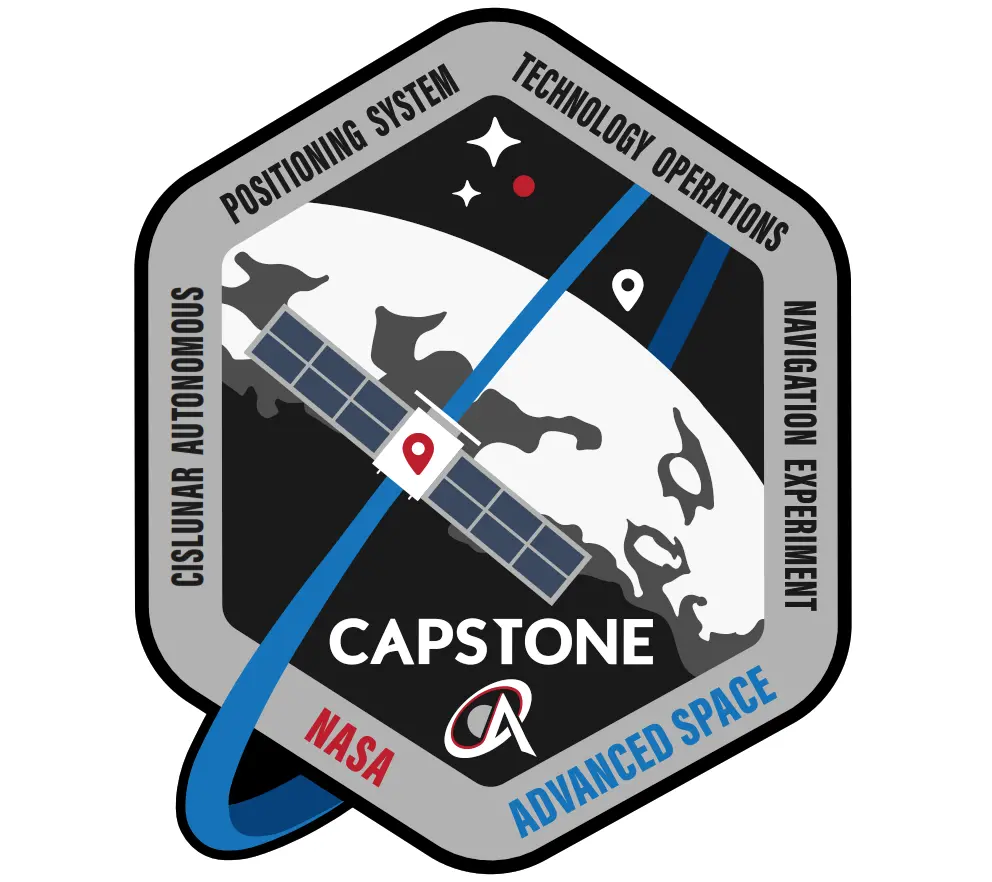 CAPSTONE mission patch. Advanced Space's design centers the near-rectilinear halo orbit and the CAPS crosslink, honors the late Dr. George Born and Darrell D. Cain, and traces a red path onward toward Mars