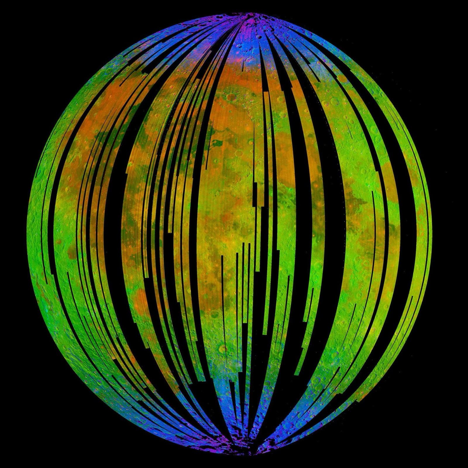 The Moon through M3's eyes: blue marks the water and hydroxyl signature clinging to the high latitudes