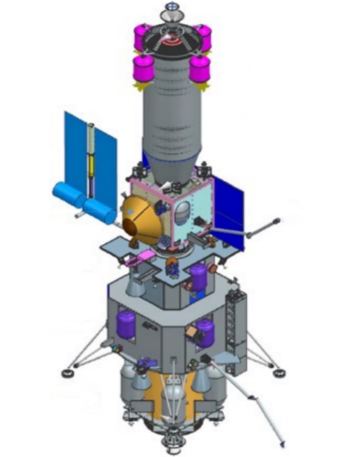 ISRO's 2024 computer-aided design of the full Chandrayaan-4 stack, five modules assembled in Earth orbit before heading to the Moon