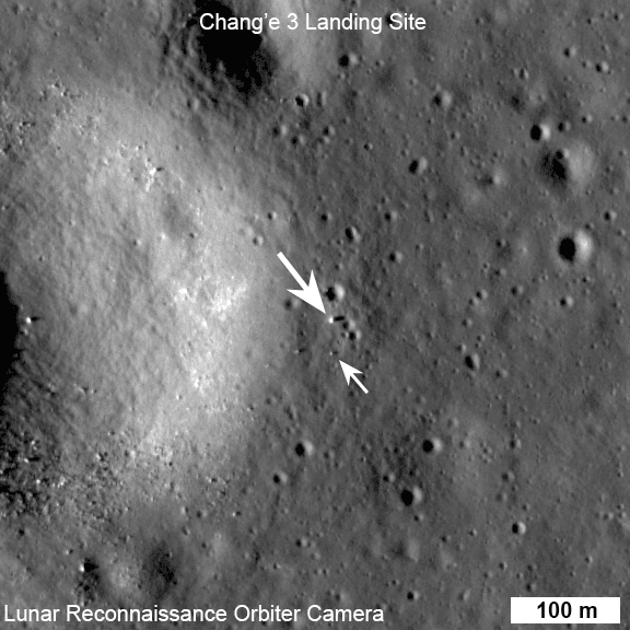 Chang'e 3 lander (large arrow) and Yutu (small arrow) seen by NASA's LRO on December 25, 2013