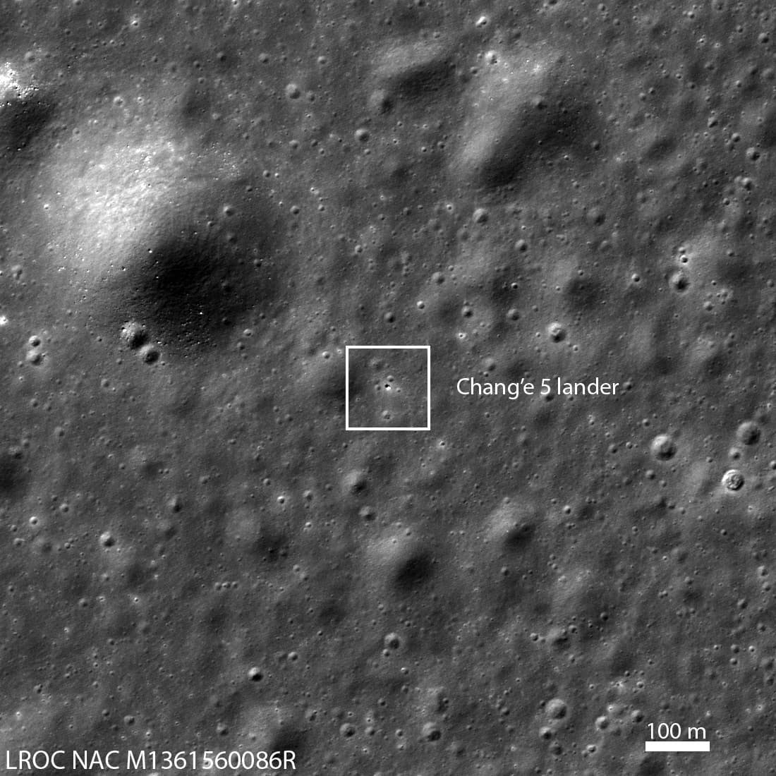 Chang'e 5 lander seen from orbit by NASA's Lunar Reconnaissance Orbiter, 2 December 2020
