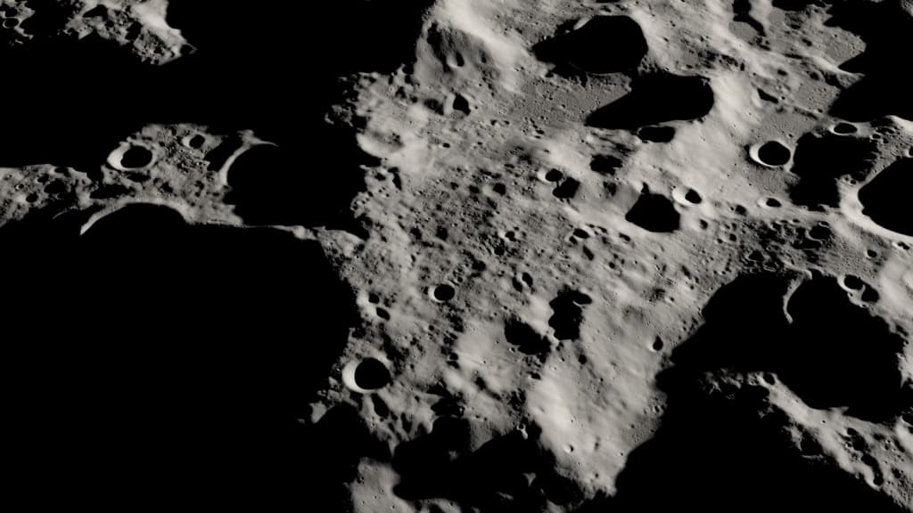 Mons Mouton (the Leibnitz-Beta Plateau), Chang'e 8's target region, rendered from Lunar Reconnaissance Orbiter data