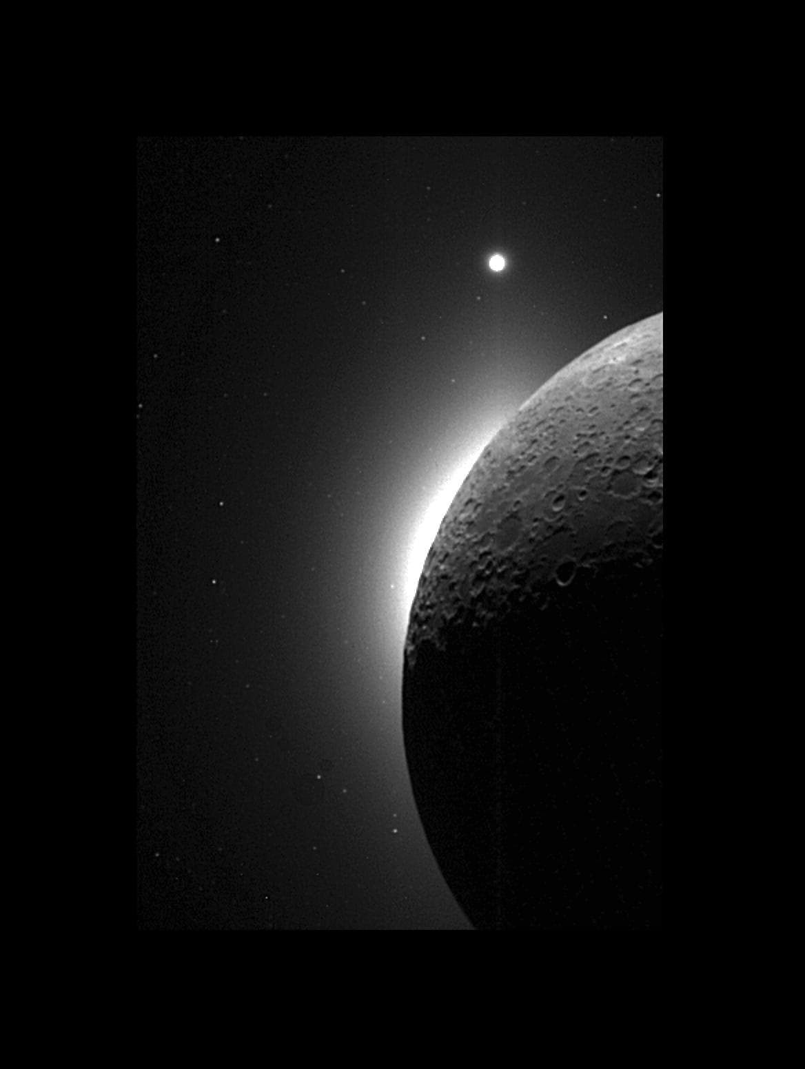 The Moon by earthshine, the solar corona, and Venus, caught by Clementine's star tracker camera in 1994