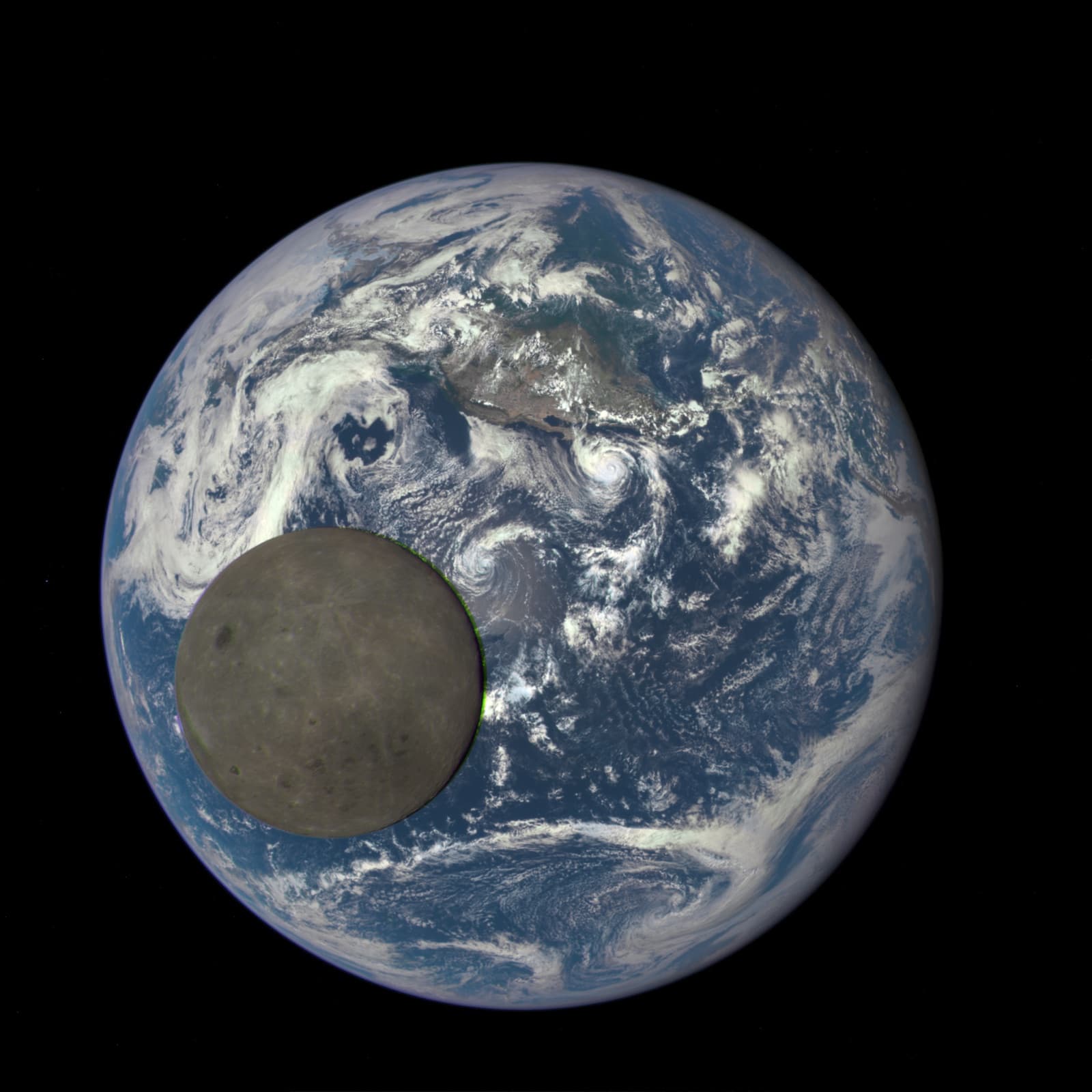 Colour composite: the far side of the Moon, lit by the Sun, crossing in front of Earth on 16 July 2015, seen by NASA's EPIC camera on NOAA's DSCOVR satellite about a million miles (1.6 million km) away