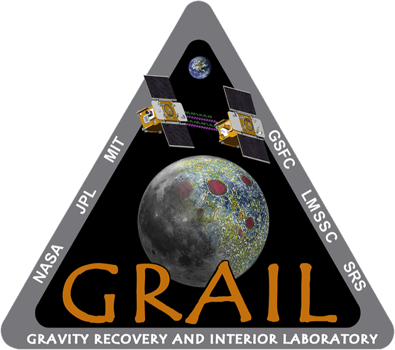 GRAIL mission insignia: the twin spacecraft trade their ranging signal above a gravity-mapped Moon, ringed by the mission partners NASA, JPL, MIT, GSFC, LMSSC and SRS