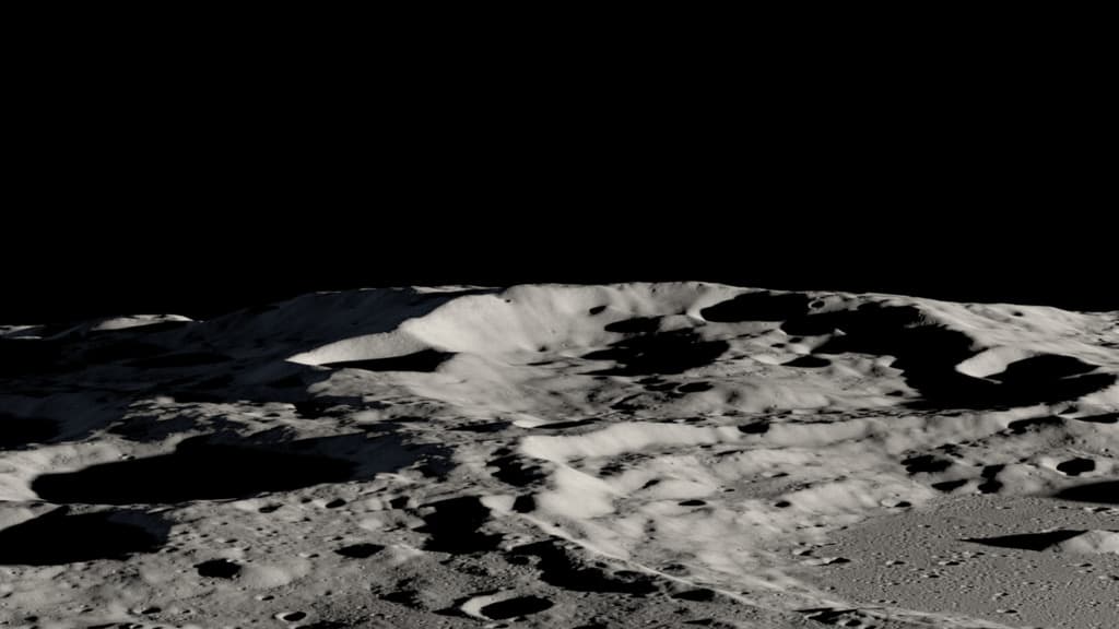 Mons Mouton rises above Nobile crater in a NASA visualization built from lunar orbiter elevation data
