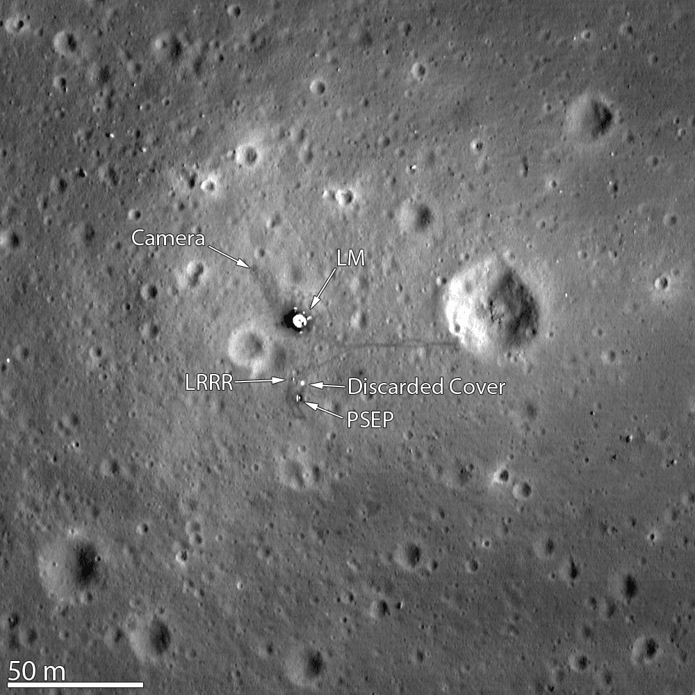 Orbital photograph (LRO Narrow Angle Camera, annotated): the Apollo 11 landing site from about 24 km up, published 7 March 2012