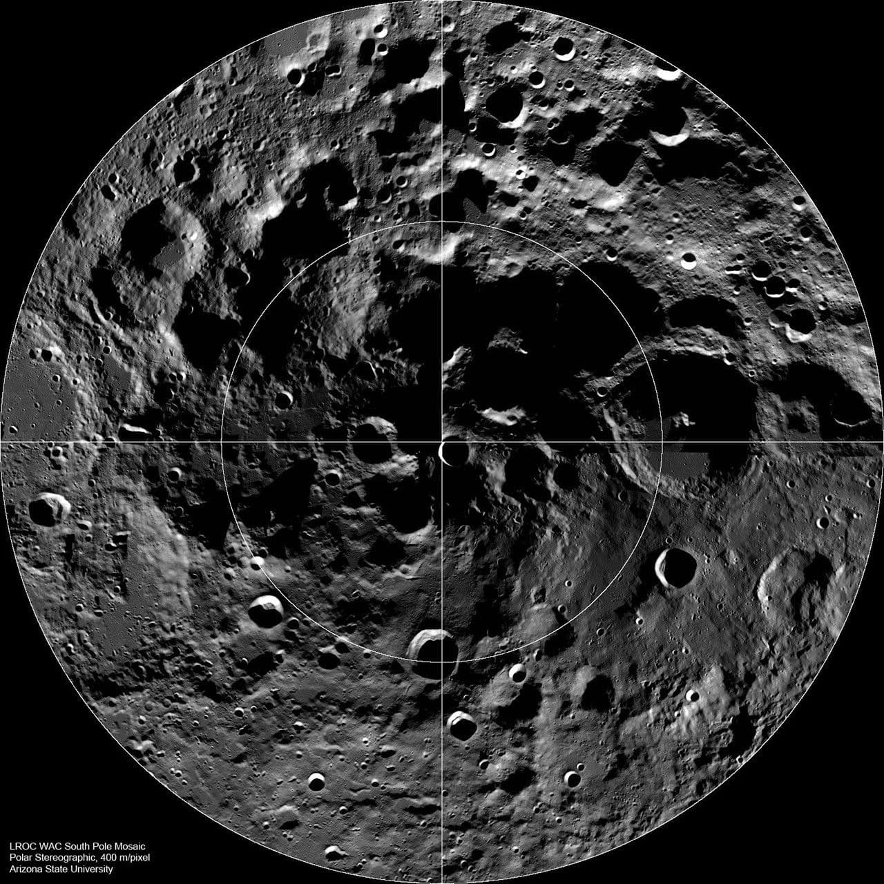 The lunar south pole, target region for the ILRS basic station (LROC WAC mosaic)