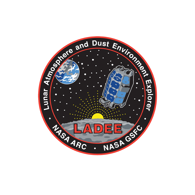 Official LADEE mission patch: the spacecraft above a sunrise glow on the lunar horizon, the phenomenon it flew to explain, with NASA ARC and NASA GSFC on the border