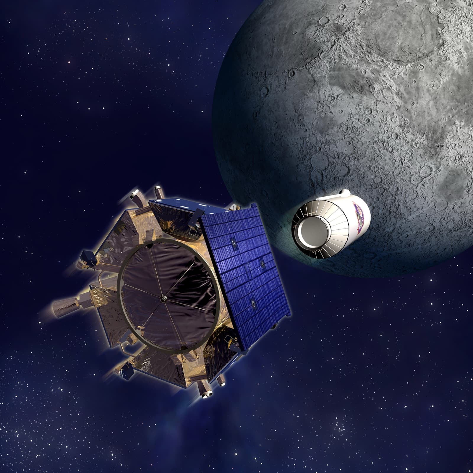 Artist's concept of LCROSS releasing its Centaur impactor on approach to the Moon