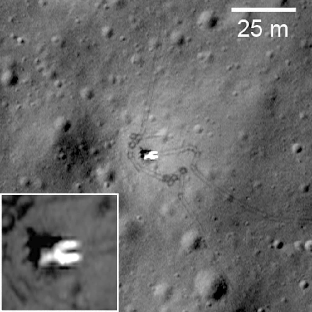 The Luna 17 lander, ramps down, ringed by 55-year-old wheel tracks