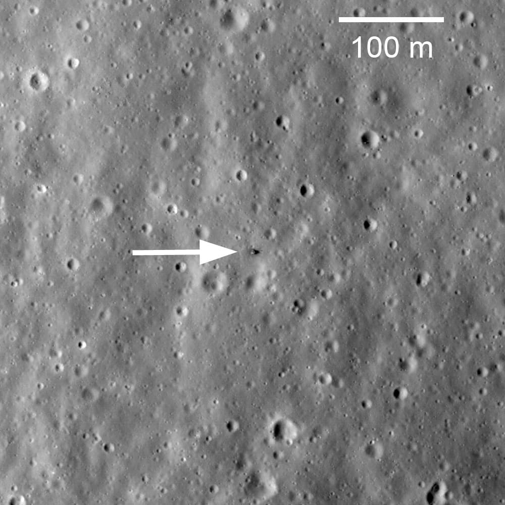 The Luna 20 descent stage still standing in the lunar highlands, its sampling arm casting a long shadow, seen by NASA's Lunar Reconnaissance Orbiter