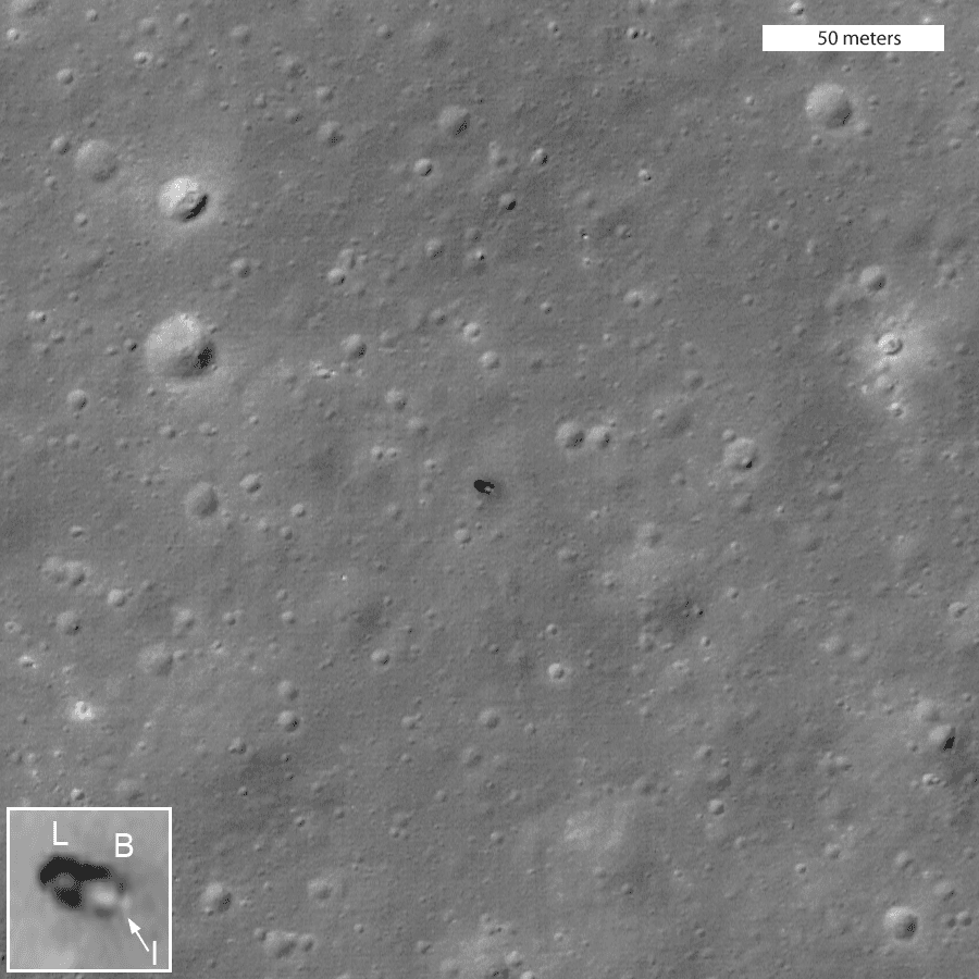 Lunokhod 2 where it stopped in Le Monnier crater in May 1973, lid open, tracks trailing north